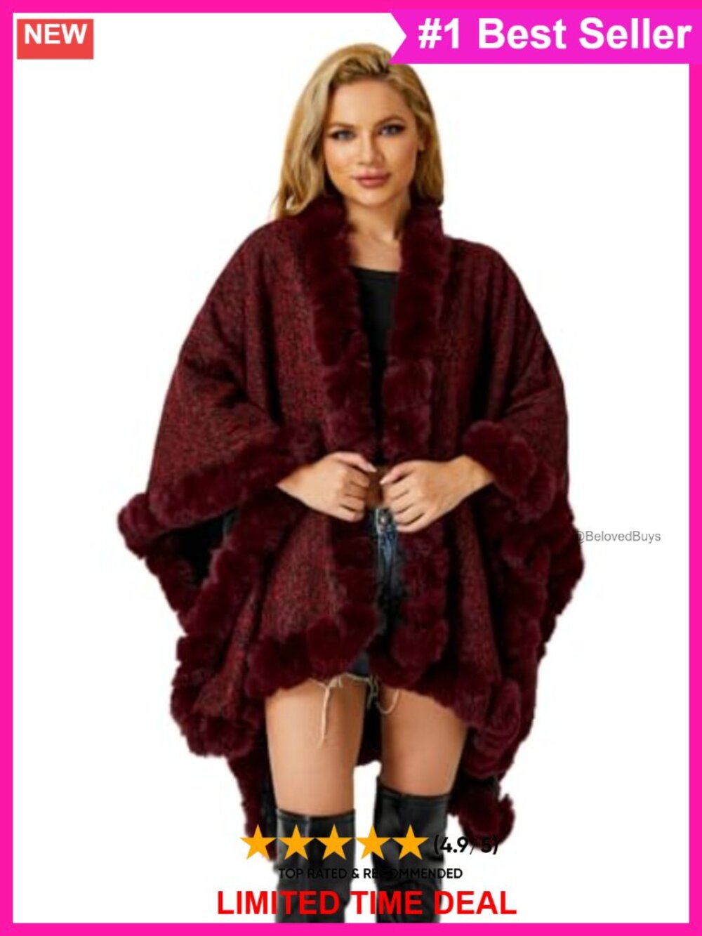 Faux Fur Knit Shawl Wrap Cape Stole Winter Warmth Outwear